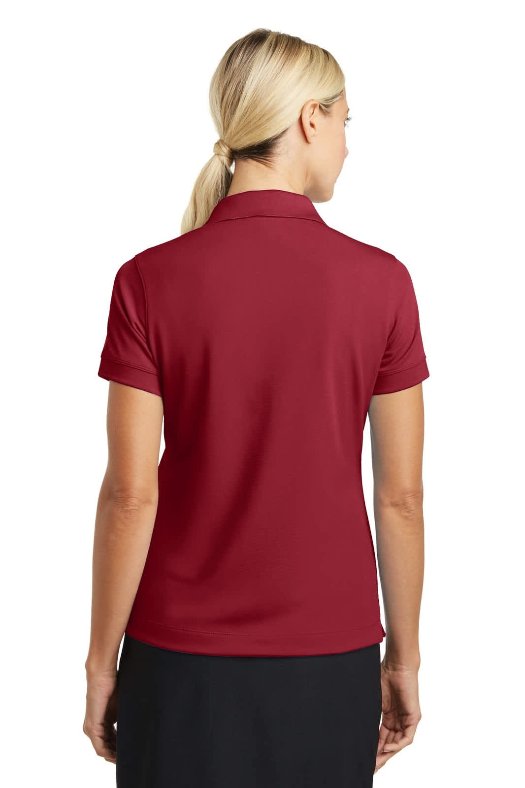 A red Nike Ladies Dri-FIT Classic Polo shirt, viewed from the back, featuring a logo on the collar.