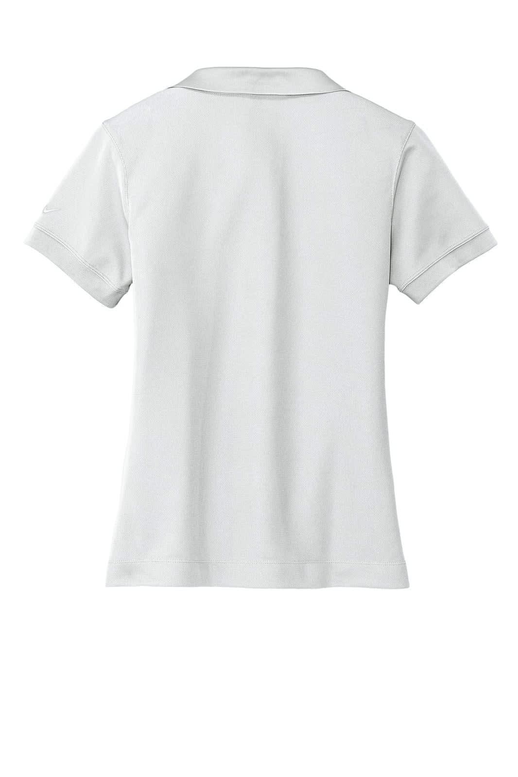 A light grey Nike ladies’ Dri-FIT classic polo shirt with a collar and short sleeves. Features a branding logo.