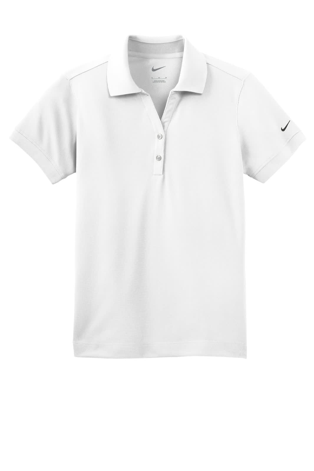 A white Nike ladies Dri-FIT classic polo shirt with a short collar and a logo on the sleeve.