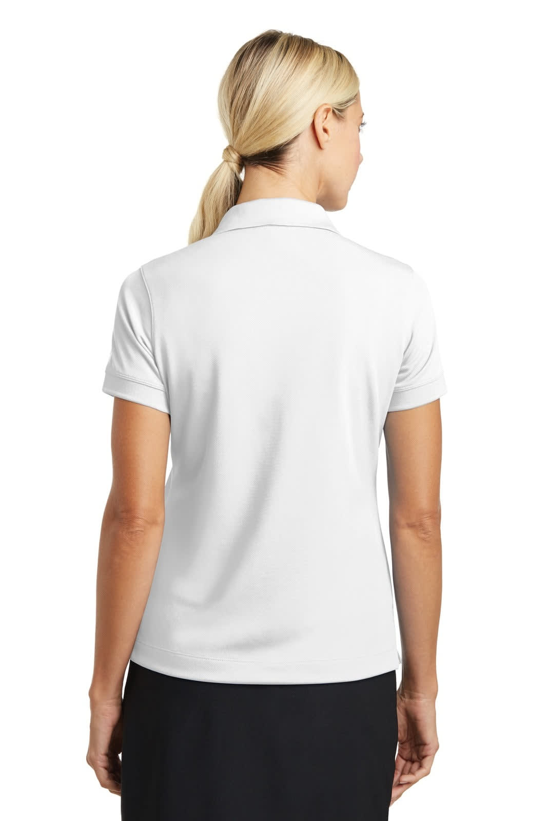 A white ladies' polo shirt with short sleeves and a collar, featuring a logo on the back.