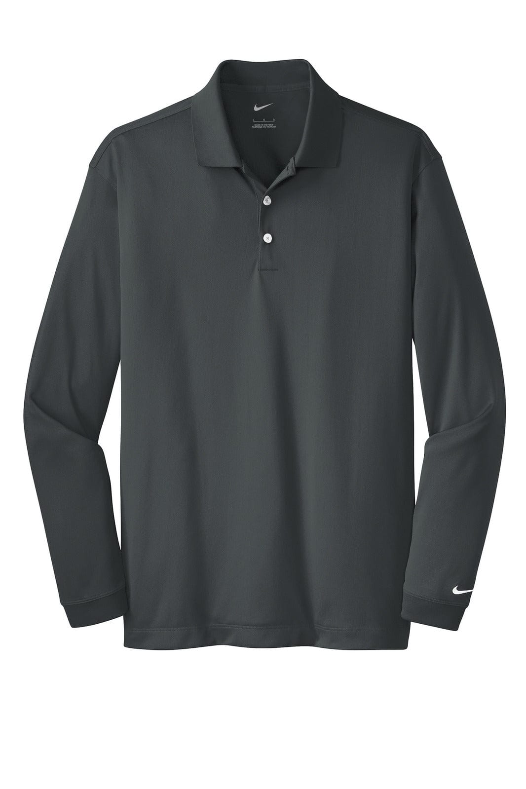 A long-sleeve grey Dri-FIT polo shirt with a collar and buttons, featuring a logo on the sleeve.