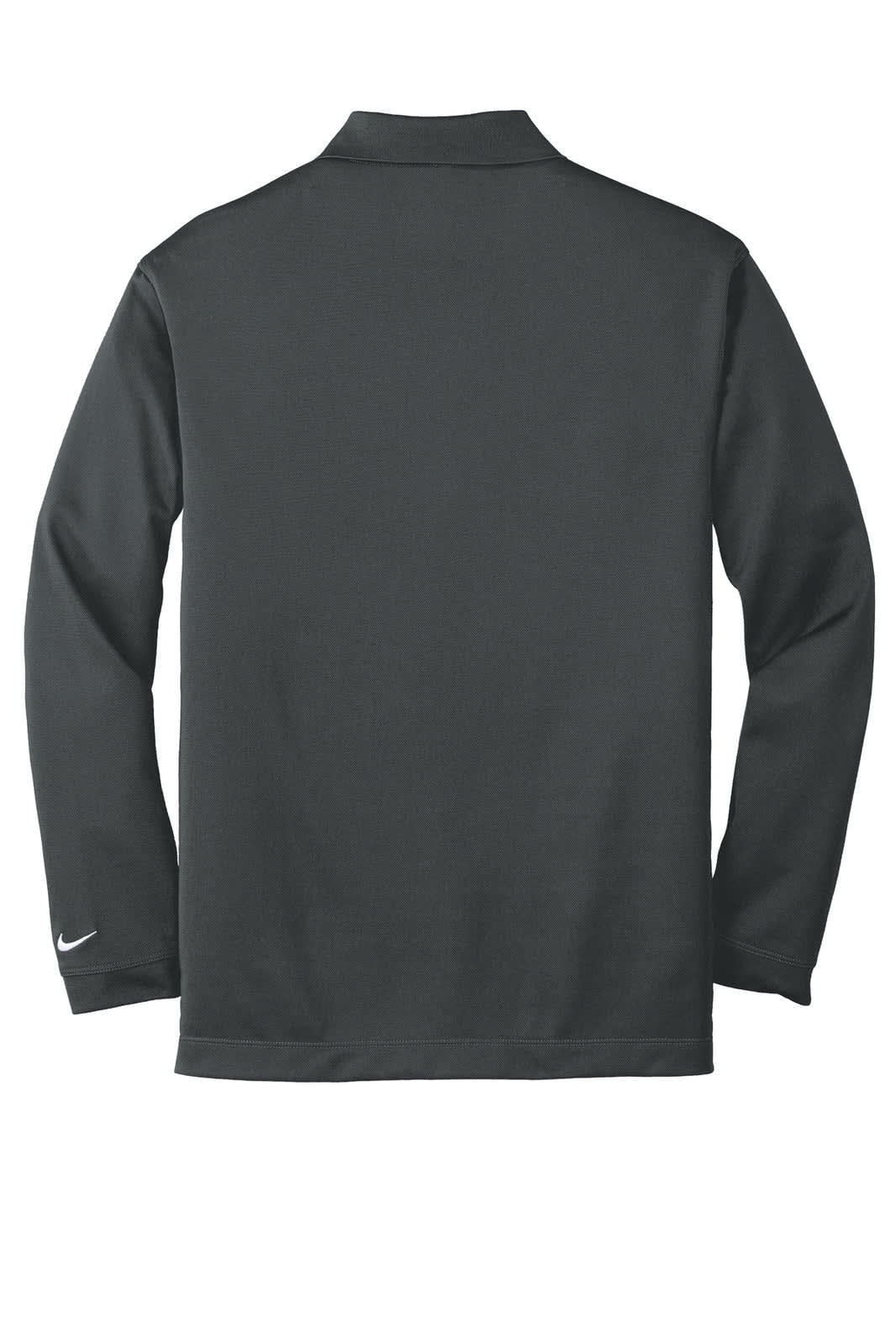 A long sleeve polo shirt in dark grey with a logo on the sleeve.