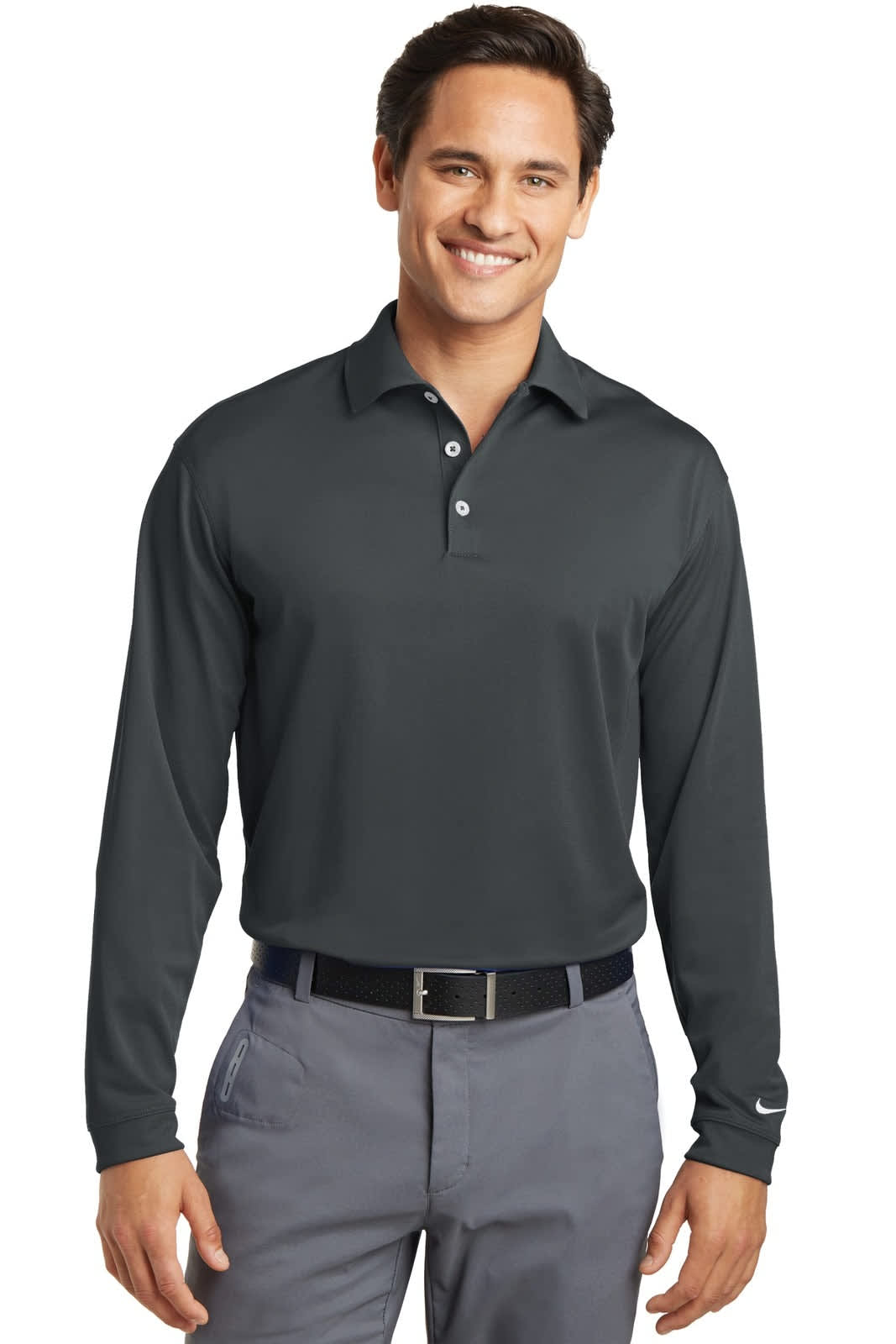 A long sleeve, dark grey polo shirt featuring a collar and a logo, made with Dri-FIT stretch fabric.