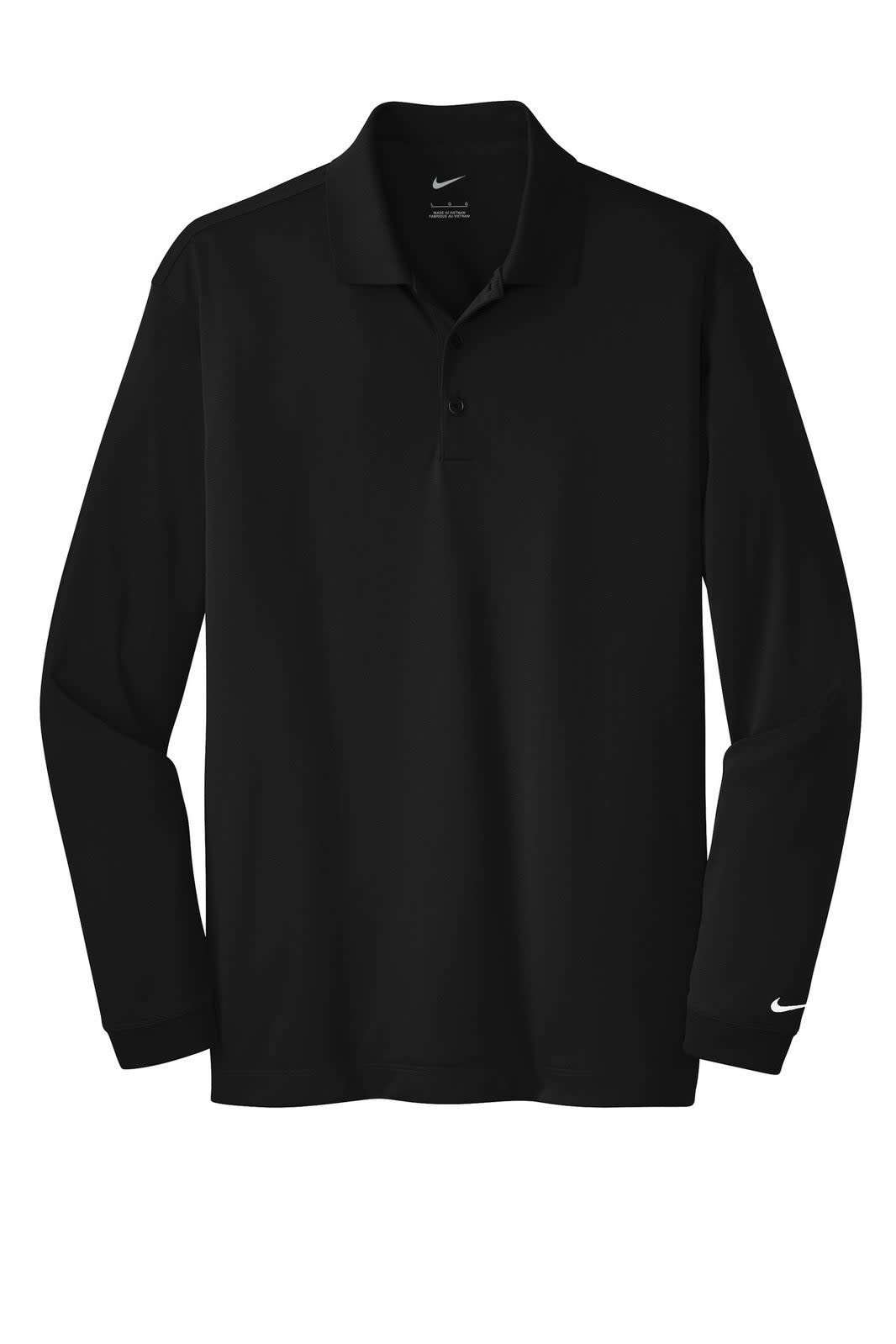 A black long sleeve polo shirt featuring a logo on the sleeve. Made with Dri-FIT stretch tech material.