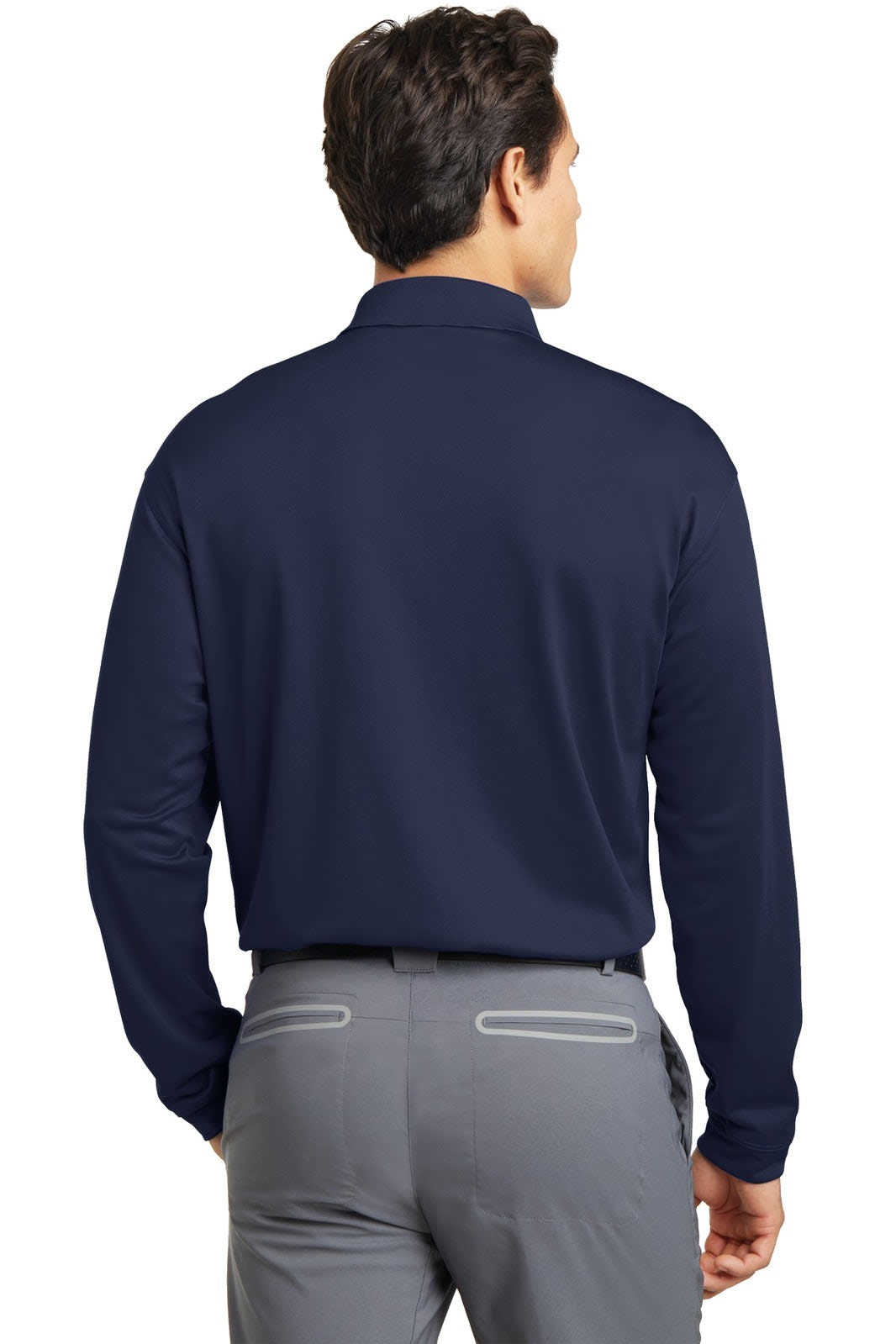 A navy long sleeve polo shirt with a collar and a branded logo on the back. The model is facing away from the camera.