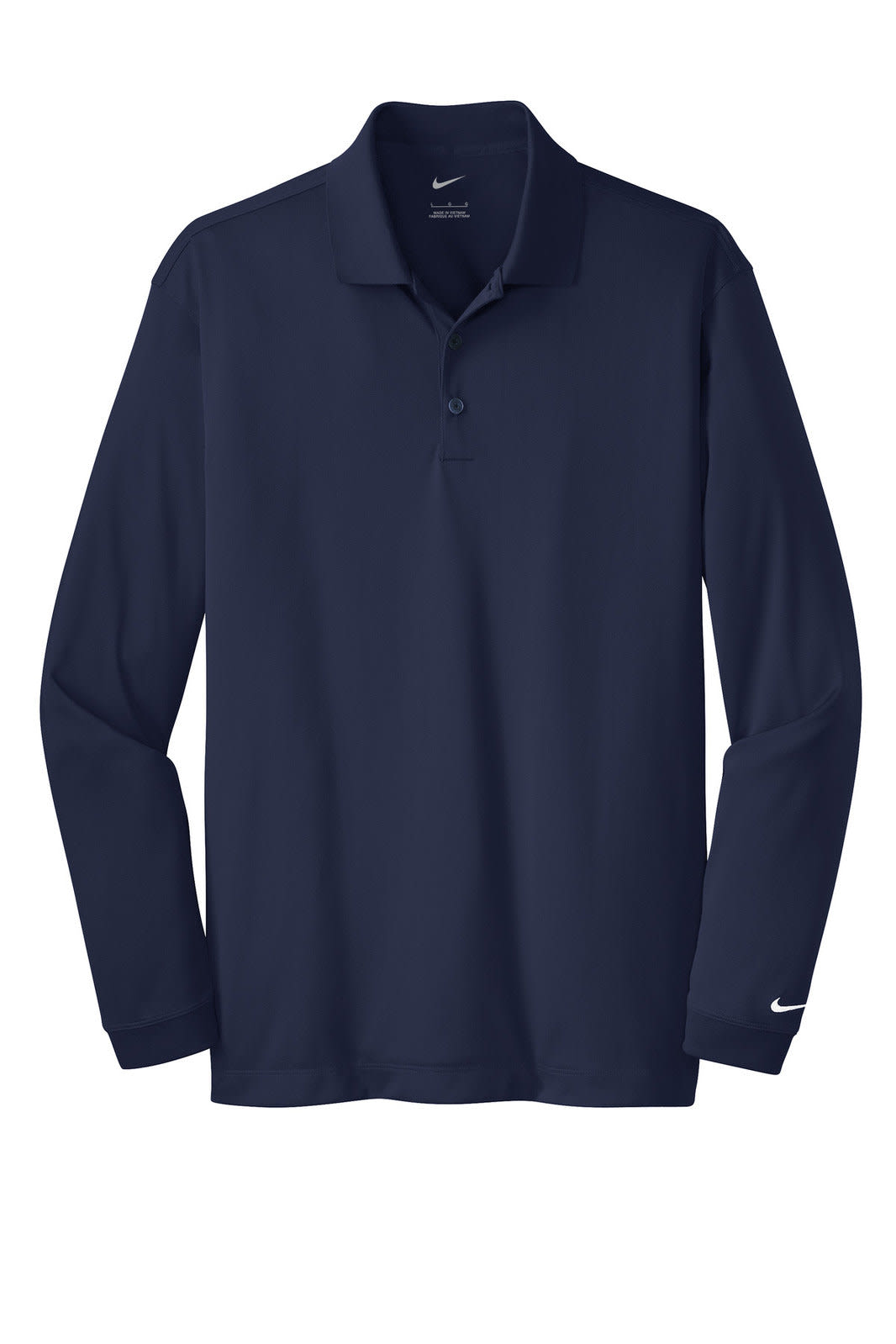 A navy blue long sleeve polo shirt with a collar and a logo on the sleeve.
