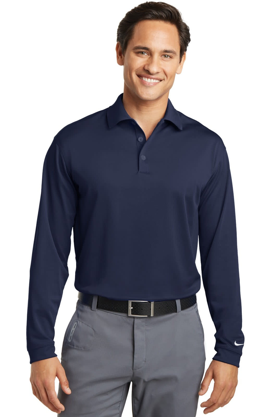 A navy long sleeve polo shirt with a collar and a logo, featuring a slim fit design.