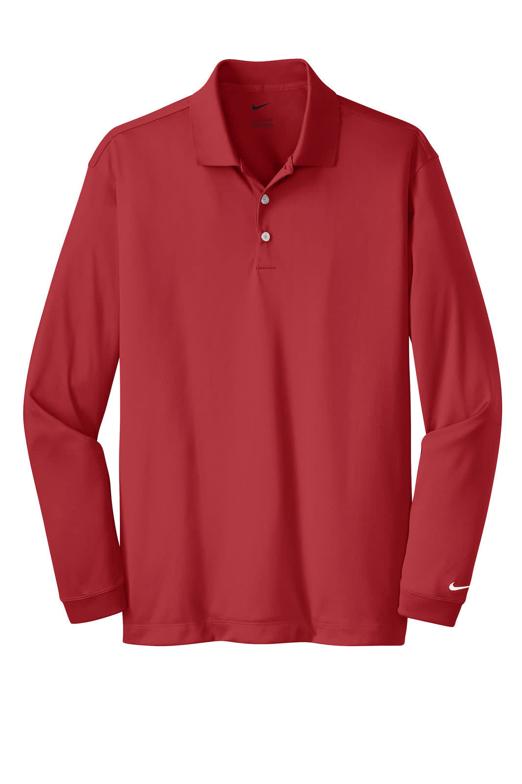 A red Nike long sleeve Dri-FIT stretch tech polo shirt with a collar and a logo on the sleeve.