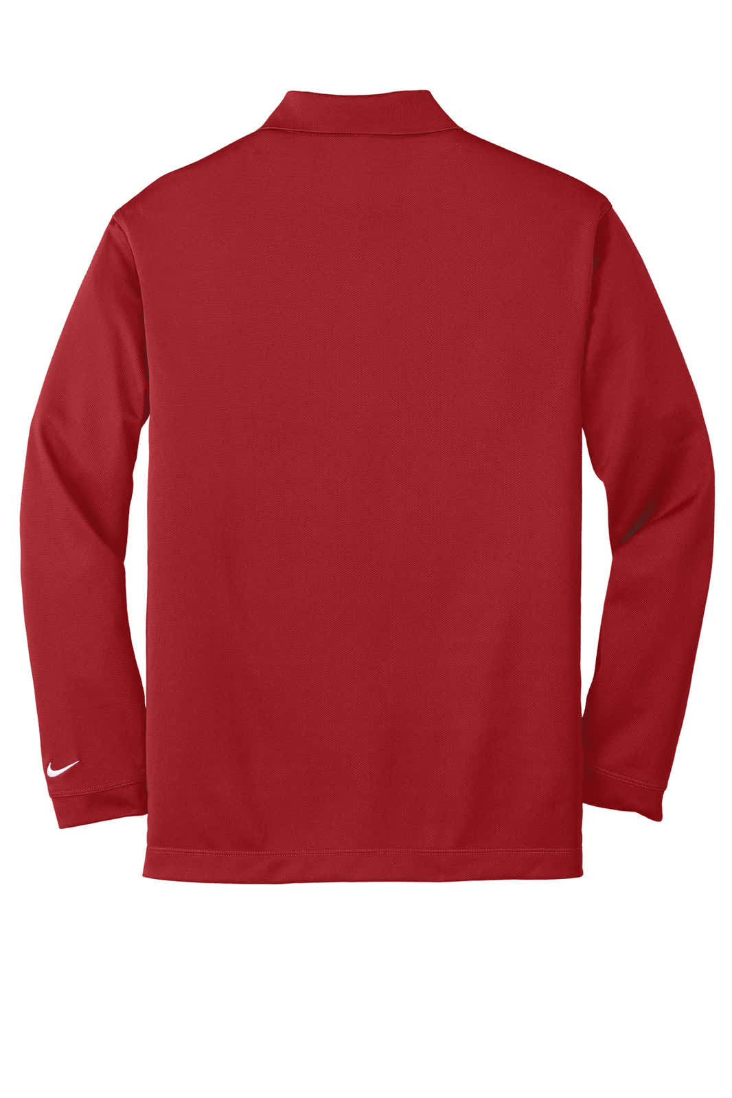 A red Nike long sleeve Dri-FIT stretch tech polo shirt with a logo on the sleeve.