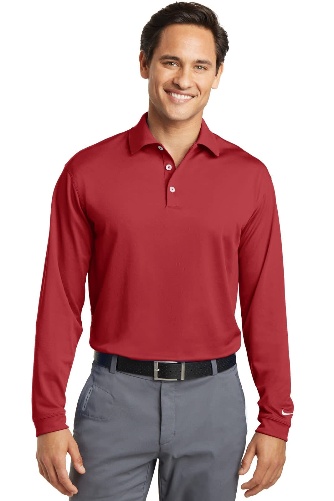 A red long sleeve polo shirt with a collar and button placket, featuring a small logo on the sleeve.