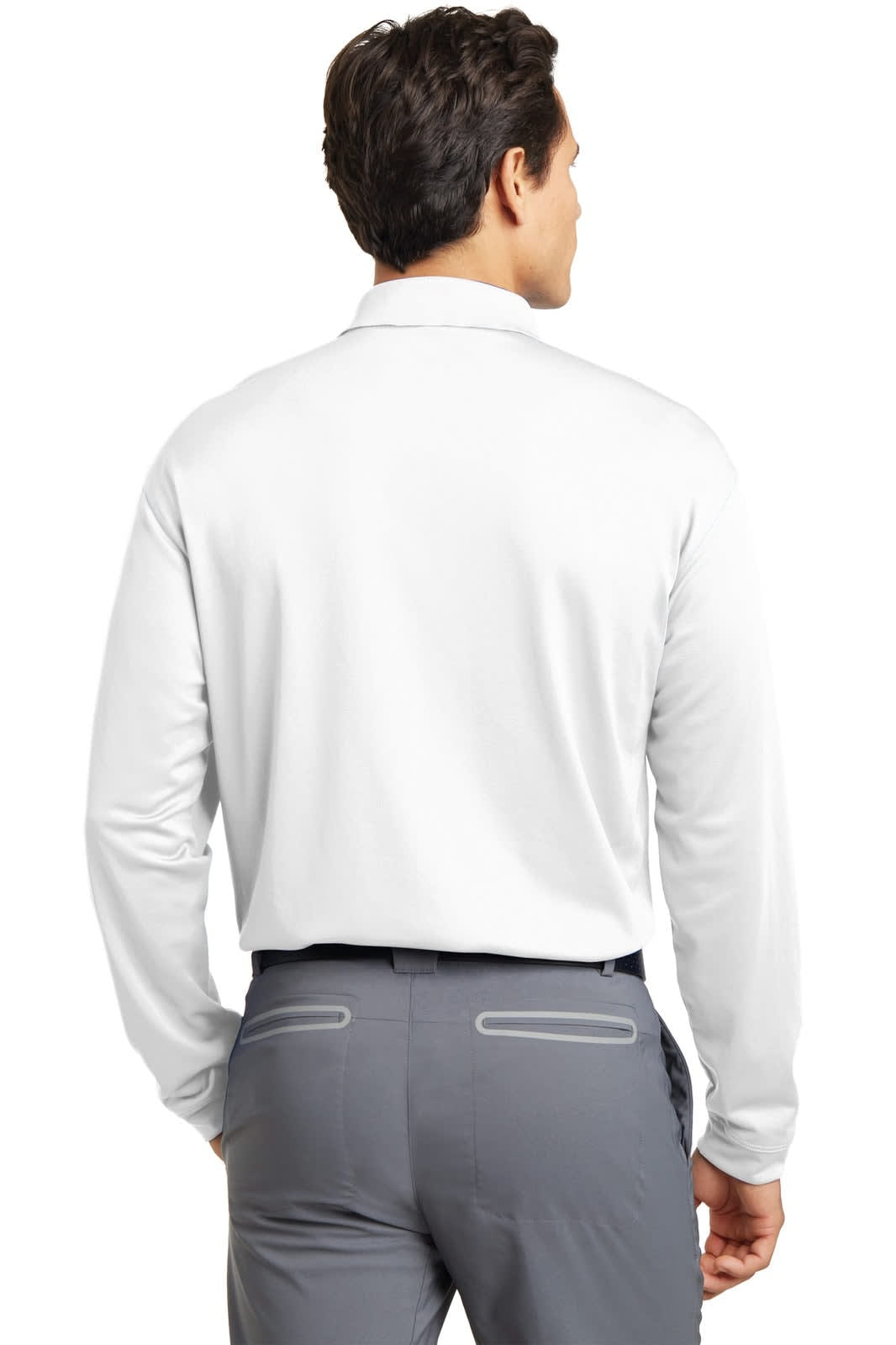 A long sleeve, white polo shirt, featuring a logo, viewed from the back on a model.