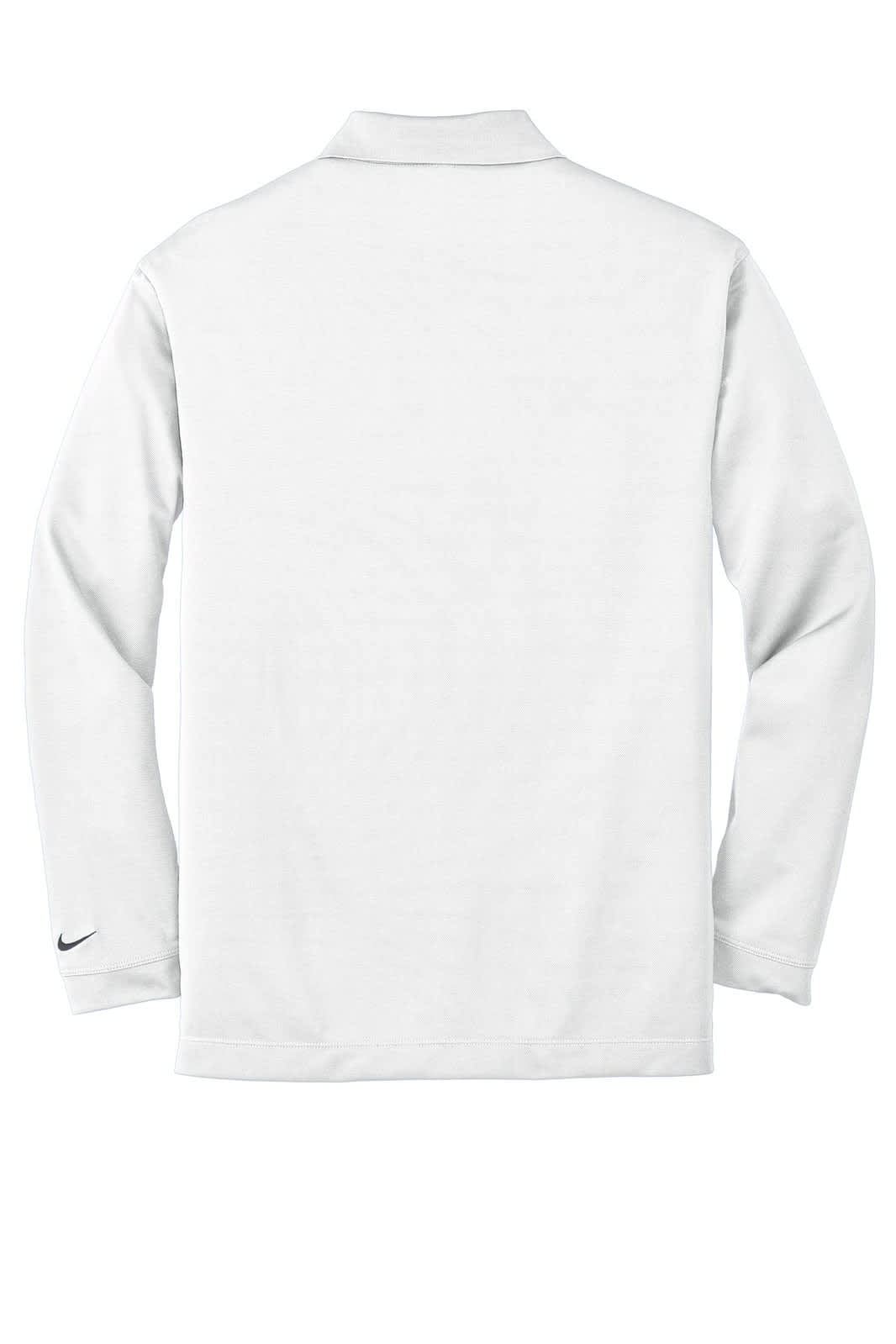 A white long sleeve polo shirt with a collar and a logo on the sleeve.
