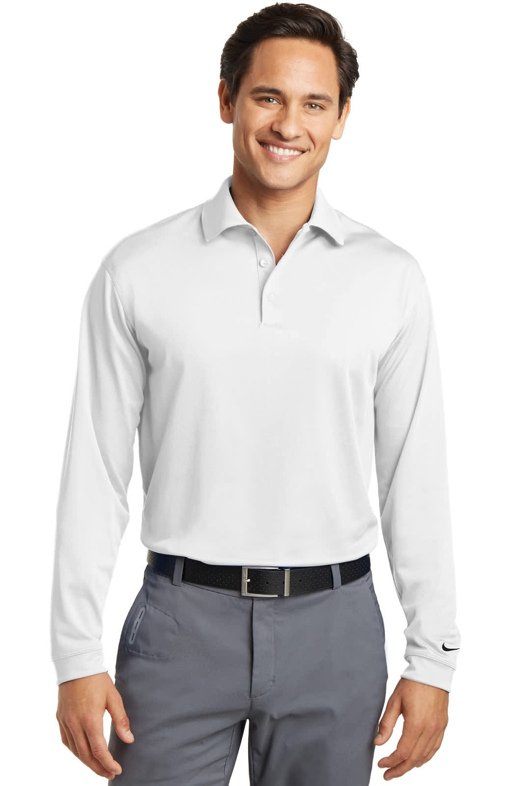 A long sleeve, white Nike polo shirt featuring a logo, styled for a smart-casual look.