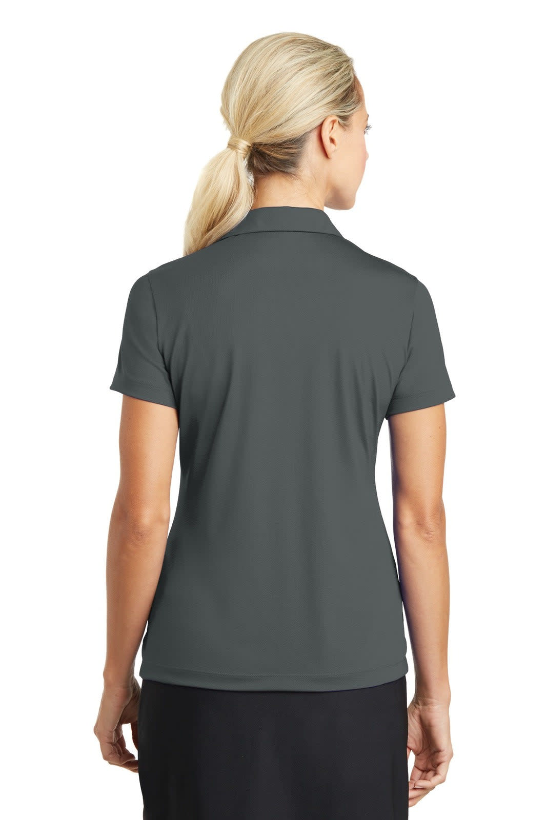 A women's polo shirt in dark grey, featuring a collar and short sleeves. The back view shows a fitted design.
