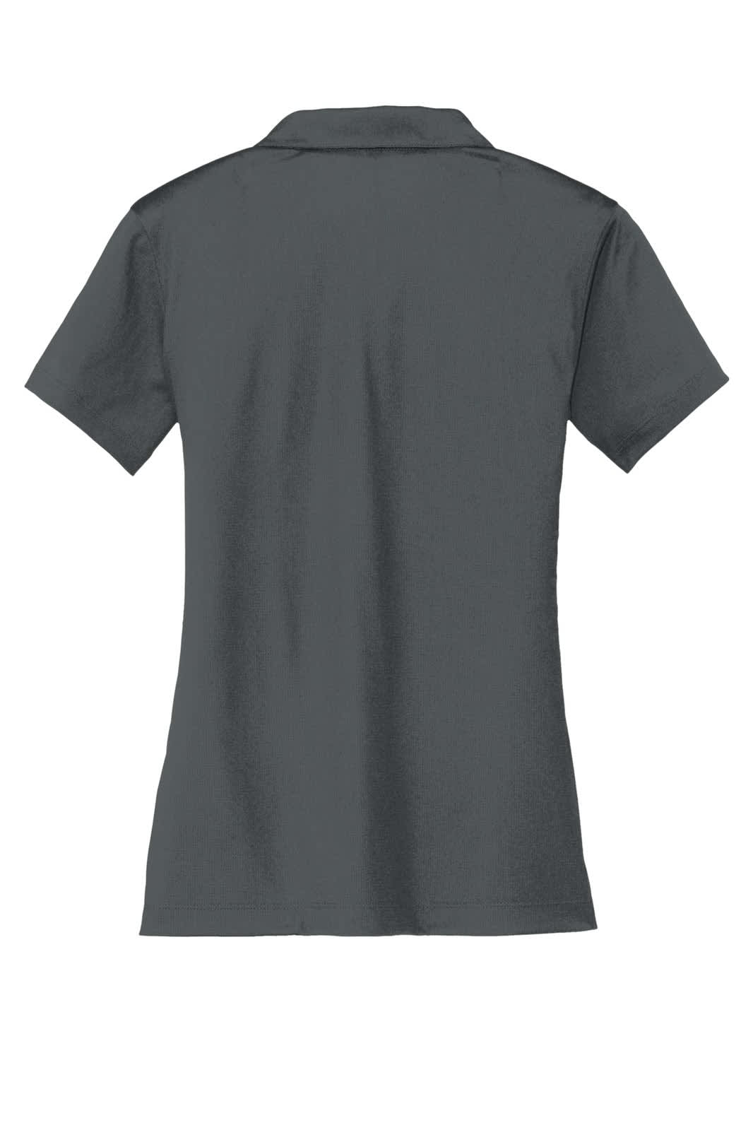 A ladies' polo shirt in dark grey, featuring a collar and short sleeves, with a logo on the back.