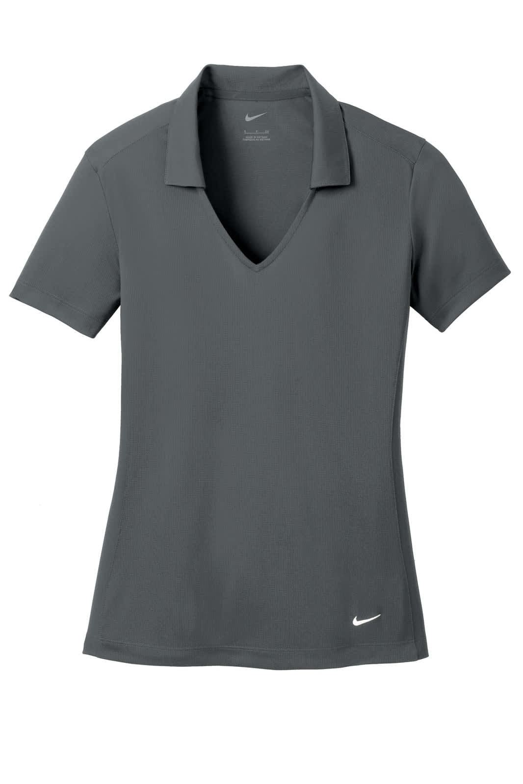 A grey Nike Ladies Dri-FIT Vertical Mesh Polo shirt with a V-neck and a logo on the front.