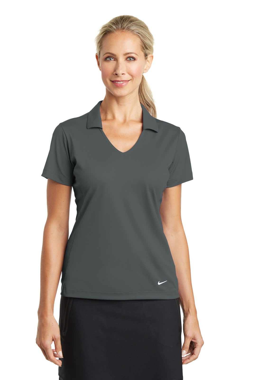 A grey Nike ladies Dri-FIT vertical mesh polo shirt with a V-neck and short sleeves, featuring a logo.