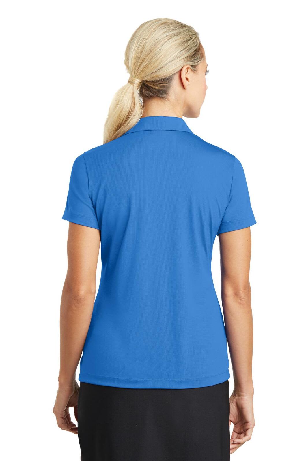 A blue Nike Ladies Dri-FIT Vertical Mesh Polo shirt viewed from the back, featuring short sleeves and a collar.