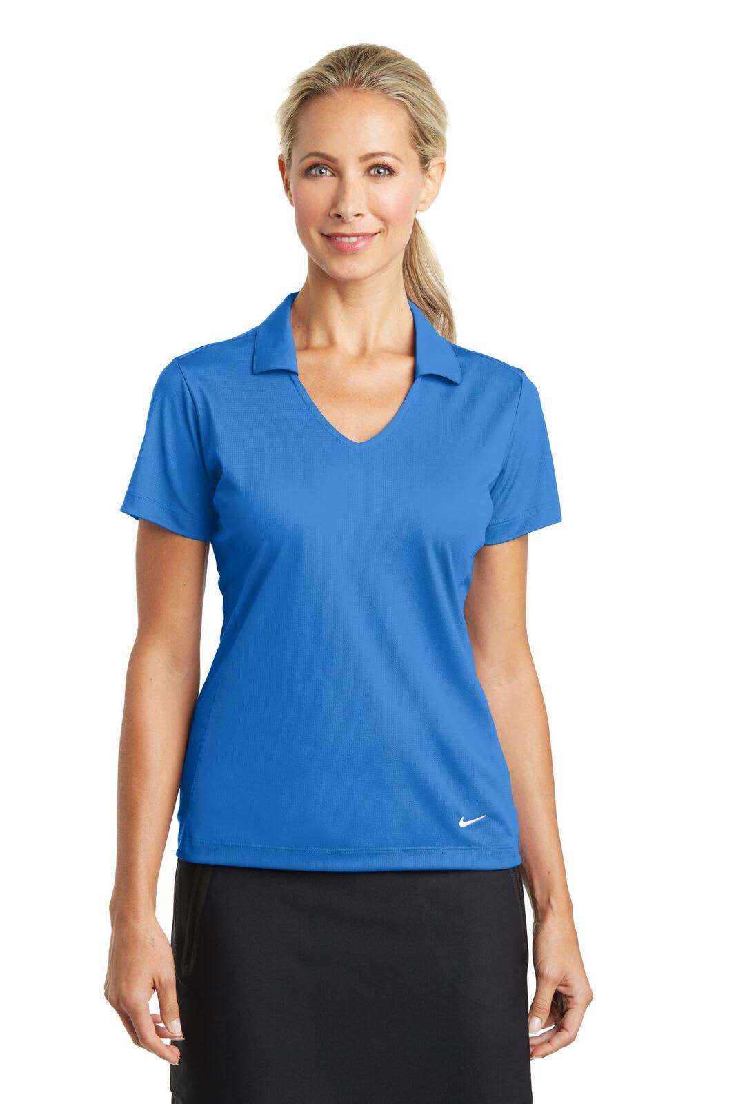 A blue Nike ladies' Dri-FIT vertical mesh polo shirt features a V-neck design and has a logo.