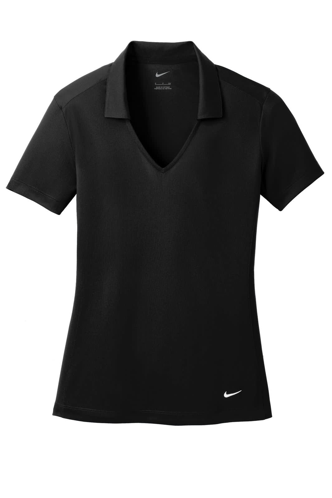 A black Nike ladies Dri-FIT vertical mesh polo shirt featuring a V-neck and a logo.