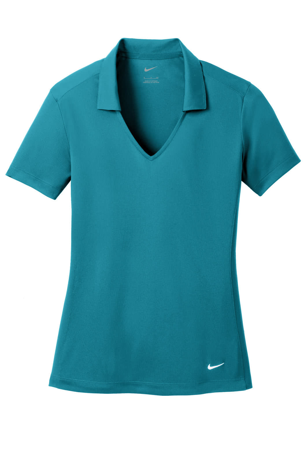 A teal Nike ladies Dri-FIT vertical mesh polo shirt with a v-neck and short sleeves, featuring a logo.