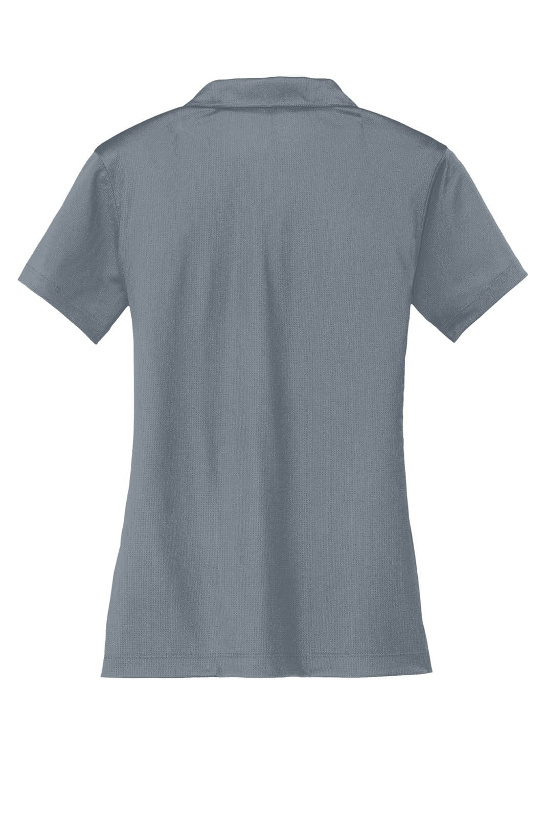 A ladies' polo shirt in a soft grey colour with a collar and short sleeves, featuring a logo on the back.