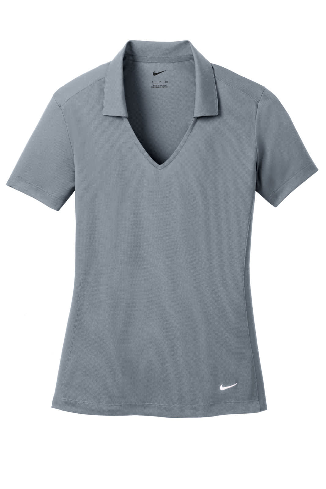 A grey Nike ladies' Dri-FIT vertical mesh polo shirt with a V-neck and short sleeves, featuring a logo.