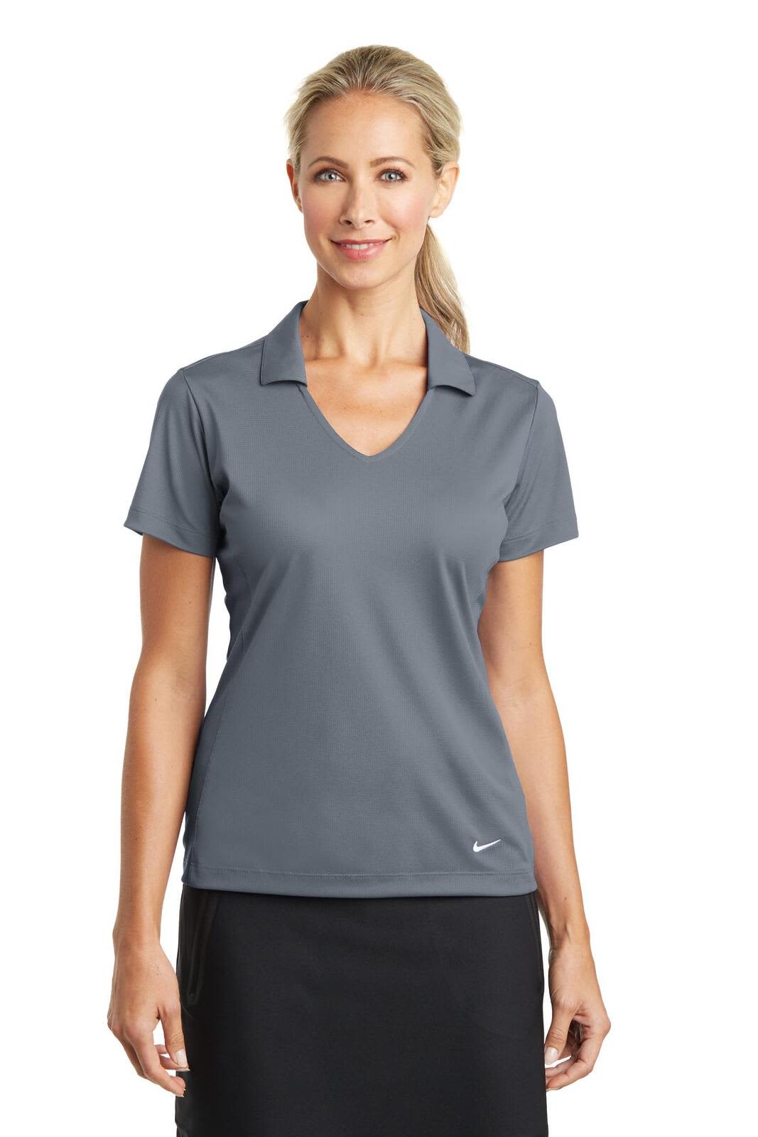 A grey Nike ladies Dri-FIT vertical mesh polo shirt with a v-neck collar and short sleeves.