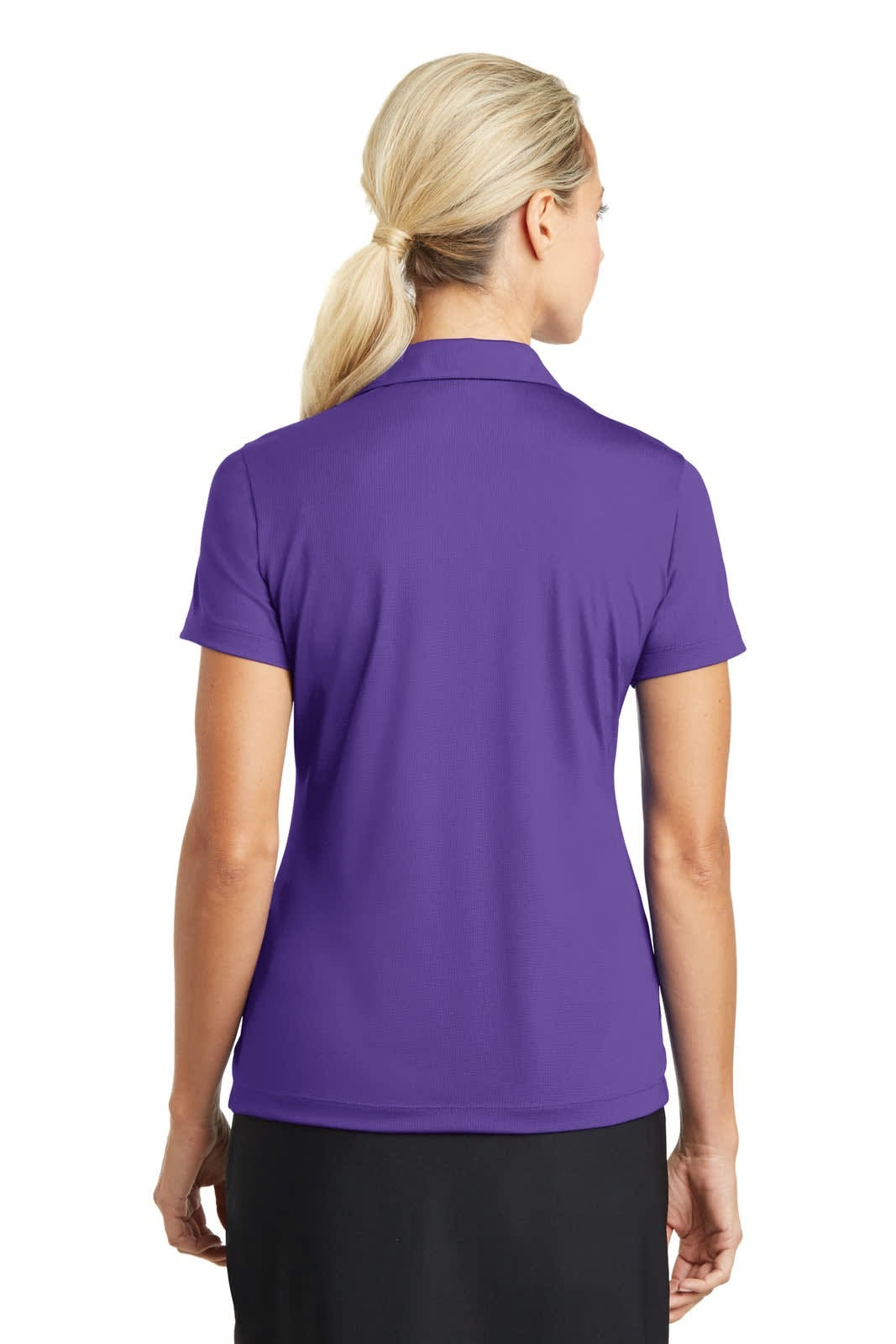A purple ladies polo shirt with a collar and short sleeves, featuring a logo on the back.