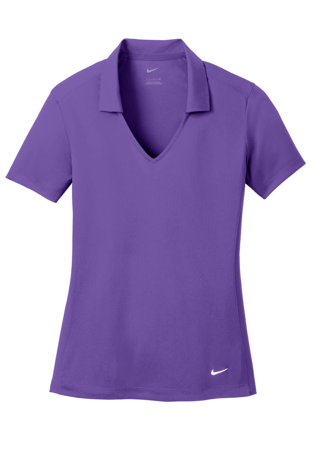 A purple Nike Ladies Dri-FIT Vertical Mesh Polo shirt with a v-neck and short sleeves, featuring a logo.