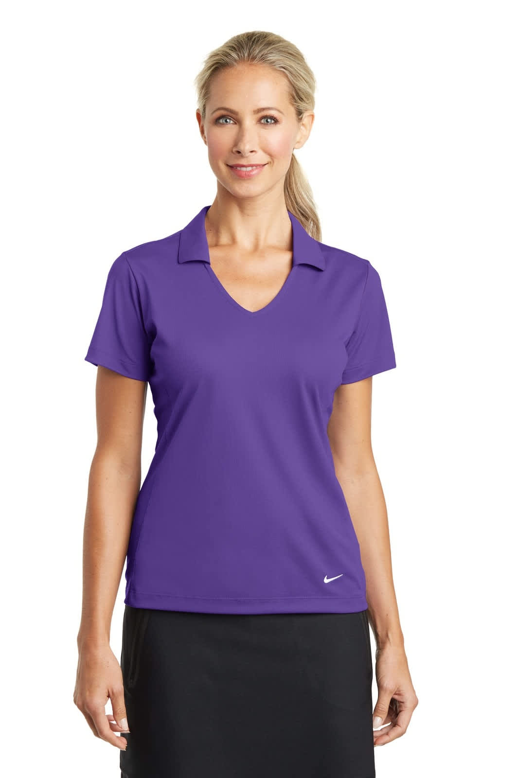 A purple Nike Ladies Dri-FIT Vertical Mesh Polo featuring a V-neck and short sleeves, with a small logo on the garment.