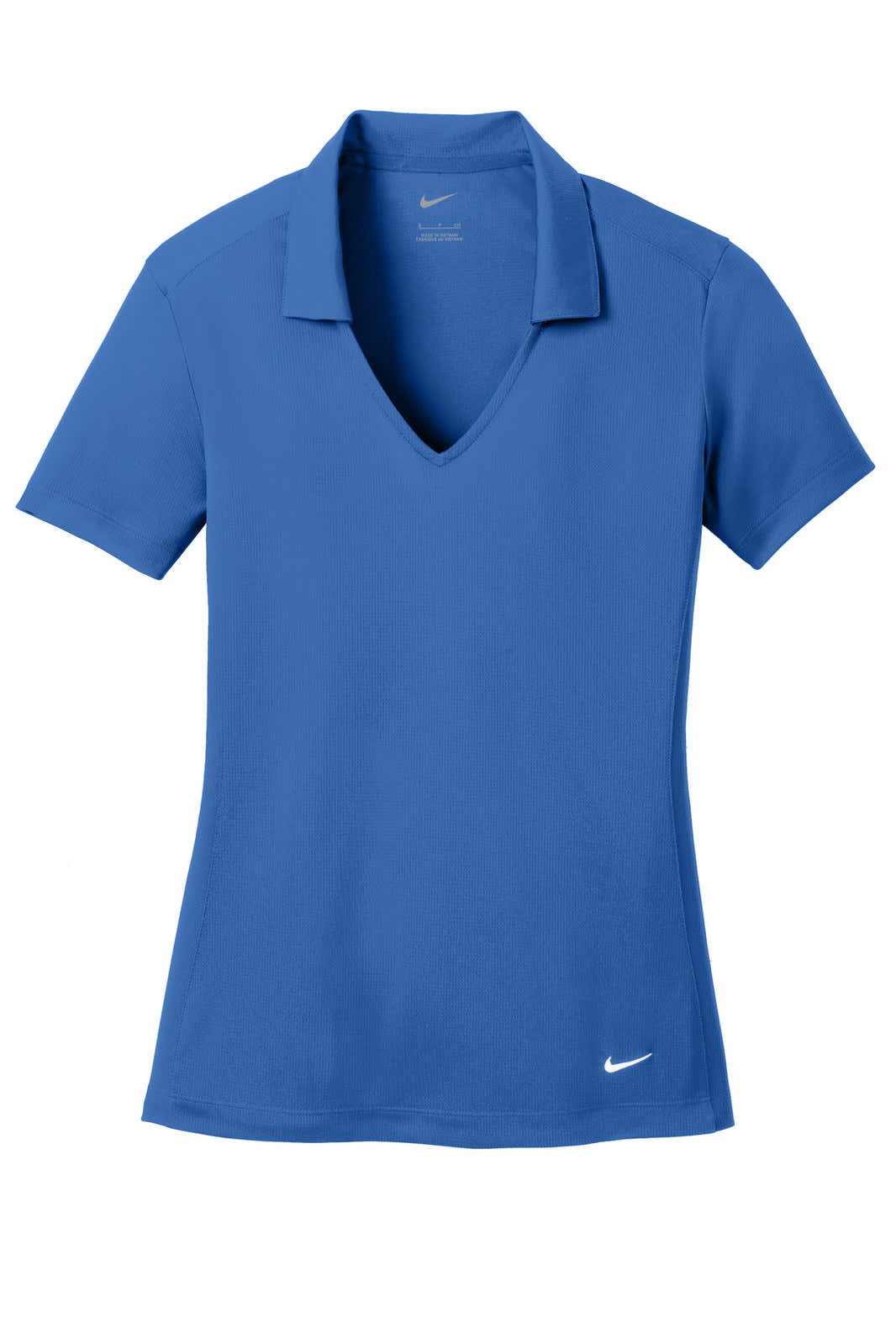 A blue Nike Ladies Dri-FIT Vertical Mesh Polo shirt with a V-neck and short sleeves, featuring a logo.