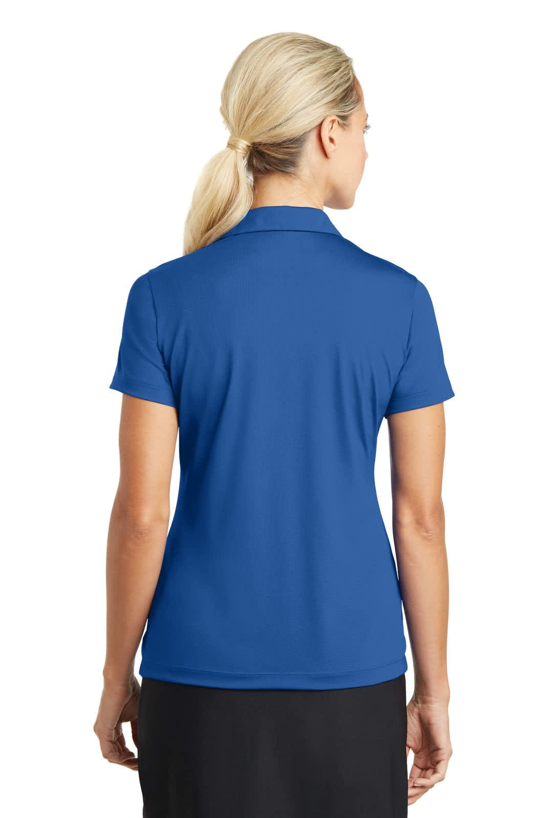 A blue women's polo shirt with a short sleeve and a collar, featuring a logo on the back.