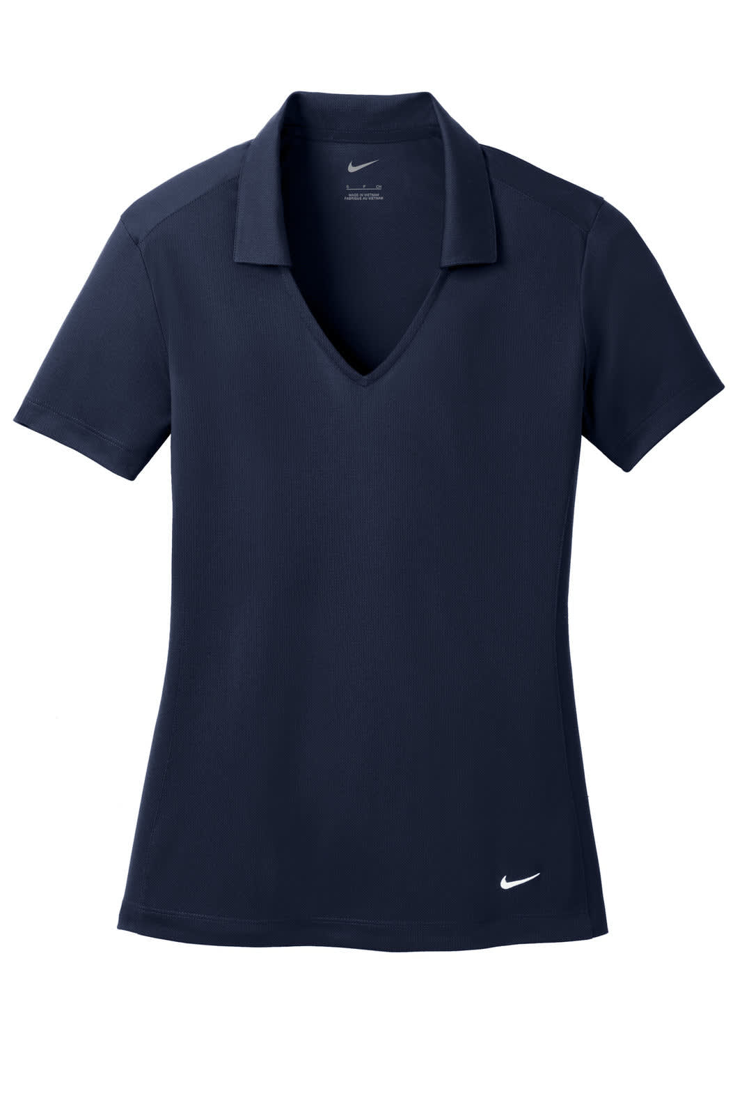 A navy blue Nike ladies Dri-FIT vertical mesh polo with a V-neck and a small logo.