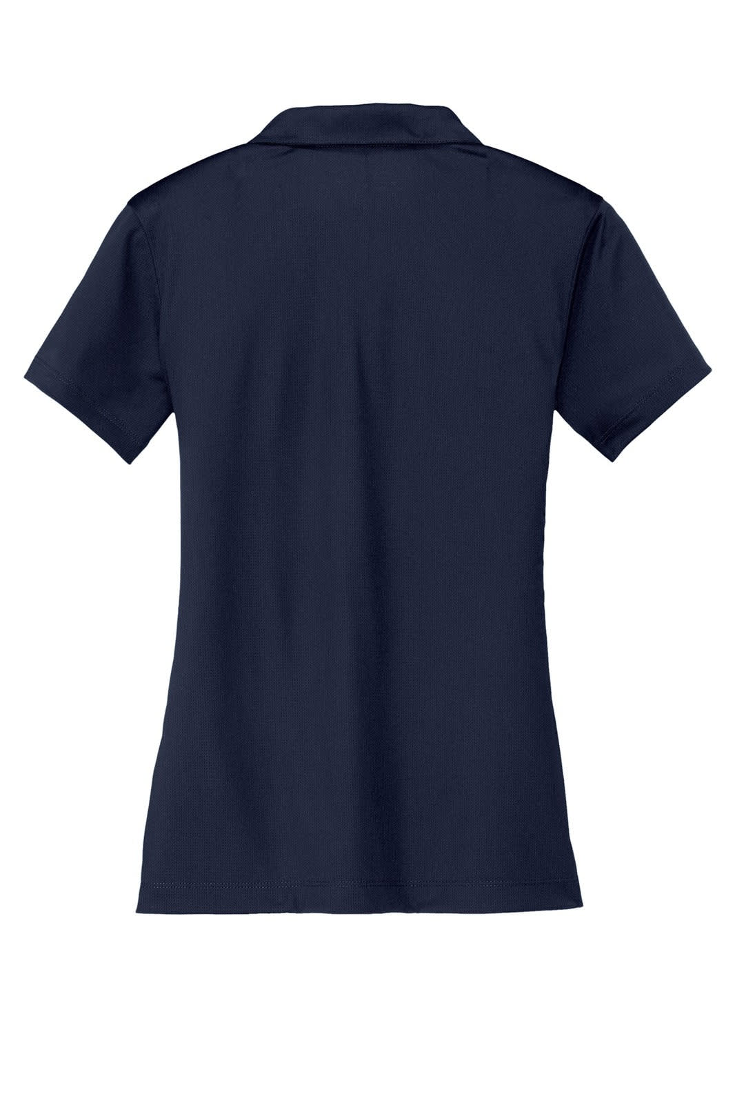 A navy blue ladies' polo shirt with short sleeves and a collar, featuring a logo on the chest.