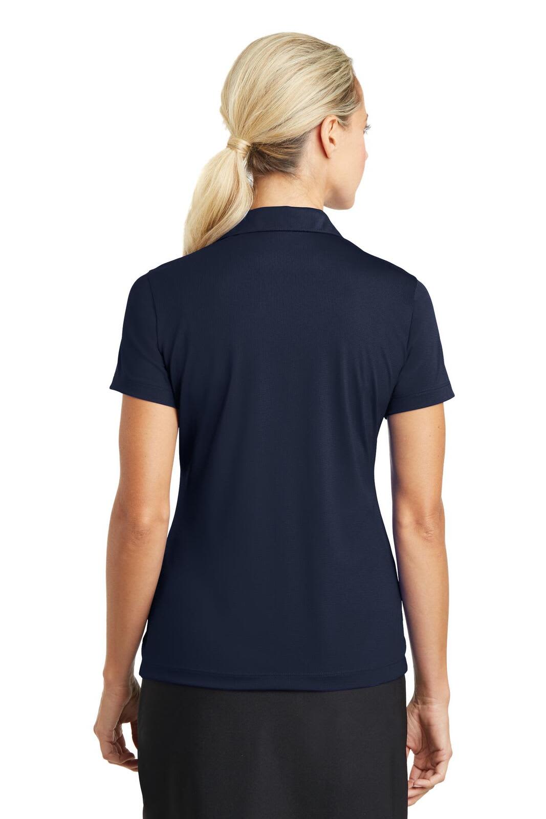 A navy blue Nike Ladies Dri-FIT Vertical Mesh Polo, featuring a polo collar and short sleeves, and has a logo.