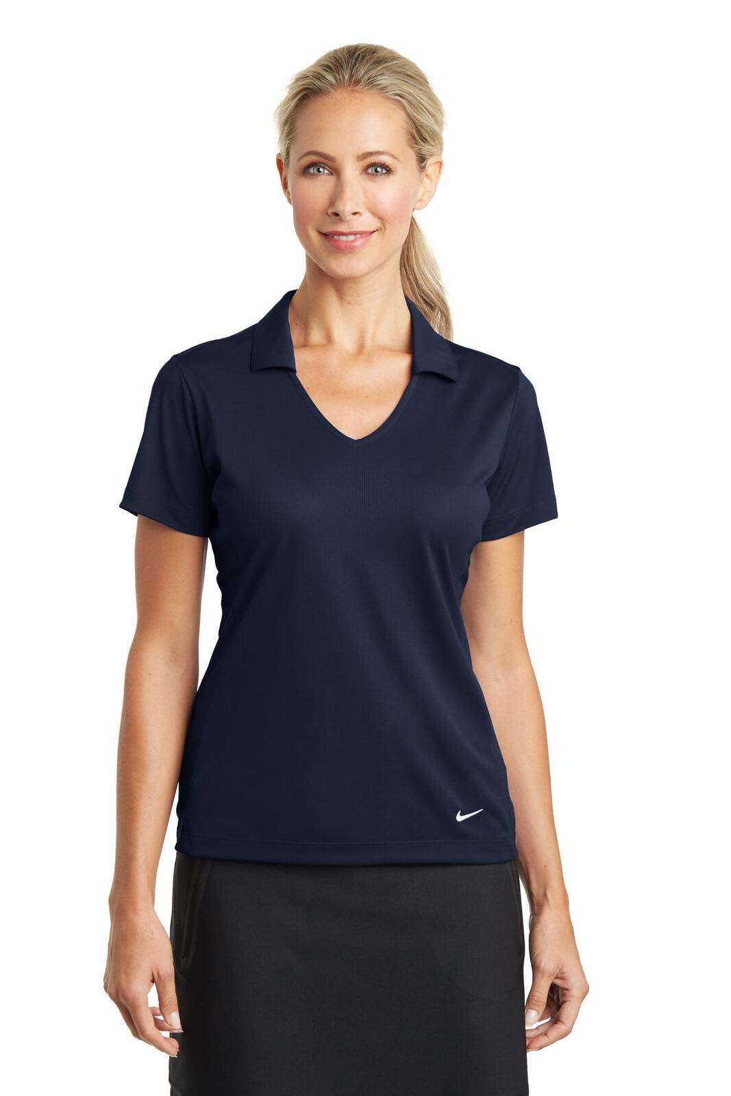 A navy Nike Ladies Dri-FIT Vertical Mesh Polo shirt, featuring short sleeves and a v-neck design, with a logo.