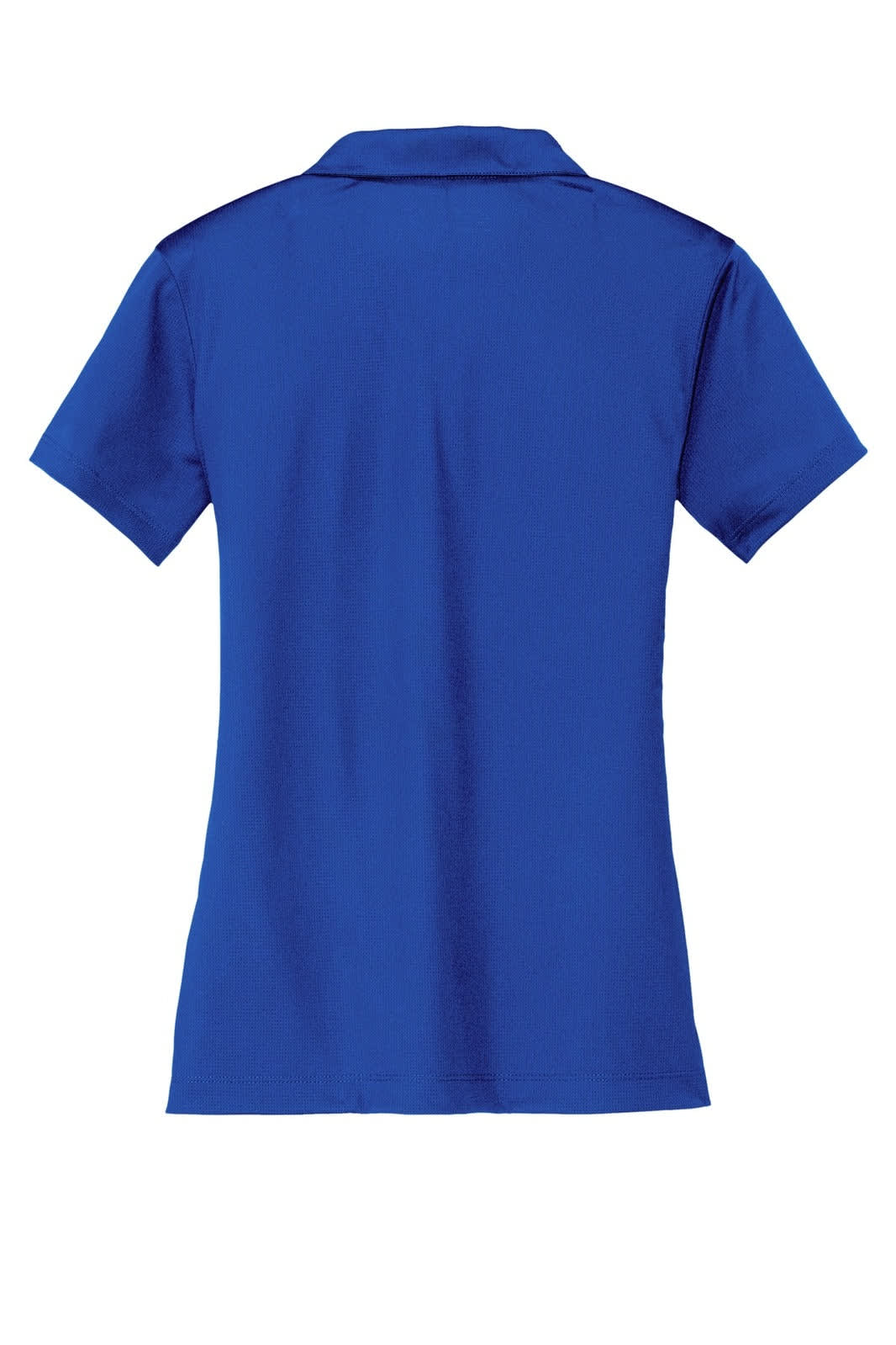 A blue Nike ladies' Dri-FIT vertical mesh polo shirt with a collar and short sleeves. It features a logo.