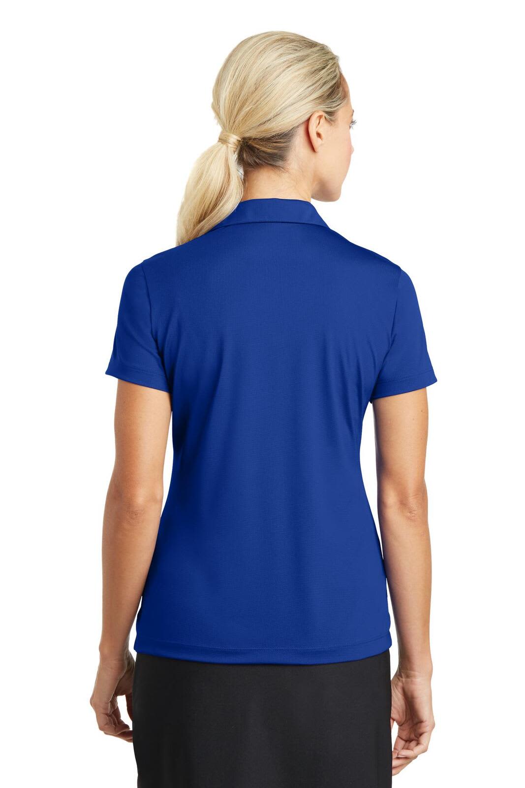 A blue Nike Ladies Dri-FIT Vertical Mesh Polo shirt viewed from the back. Features a collar and short sleeves.