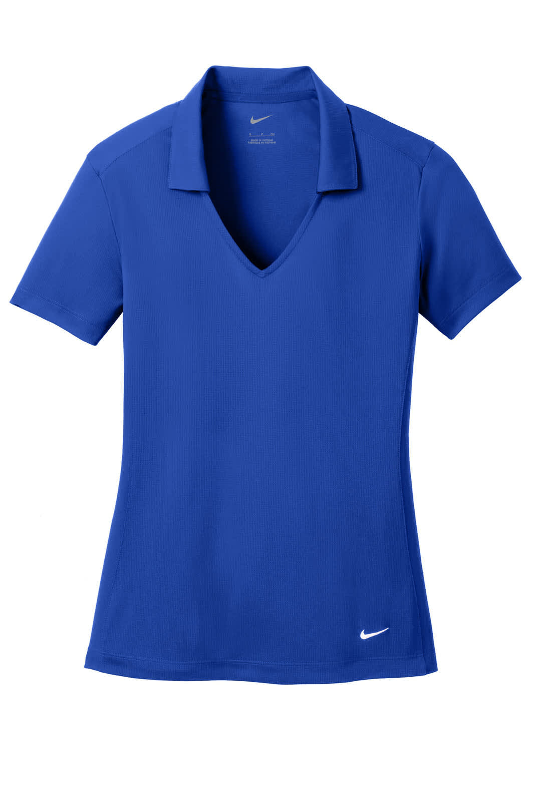 A blue Nike Ladies Dri-FIT Vertical Mesh Polo shirt with a V-neck and short sleeves, featuring a logo.