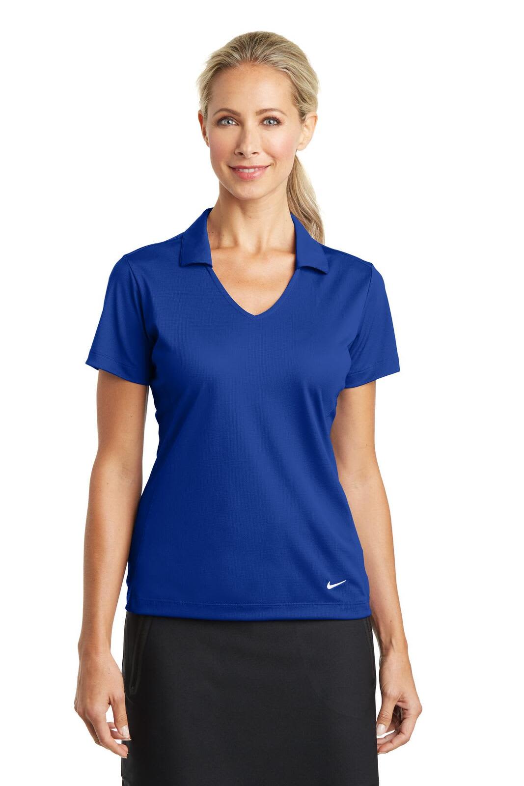 A blue Nike ladies Dri-FIT vertical mesh polo shirt featuring a collar and short sleeves. It has a logo.