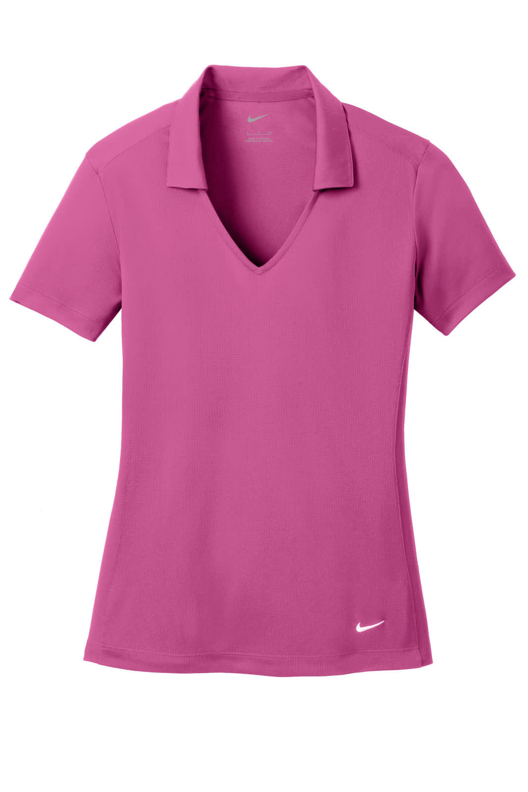 A pink Nike ladies' Dri-FIT vertical mesh polo shirt with a v-neckline and a logo.