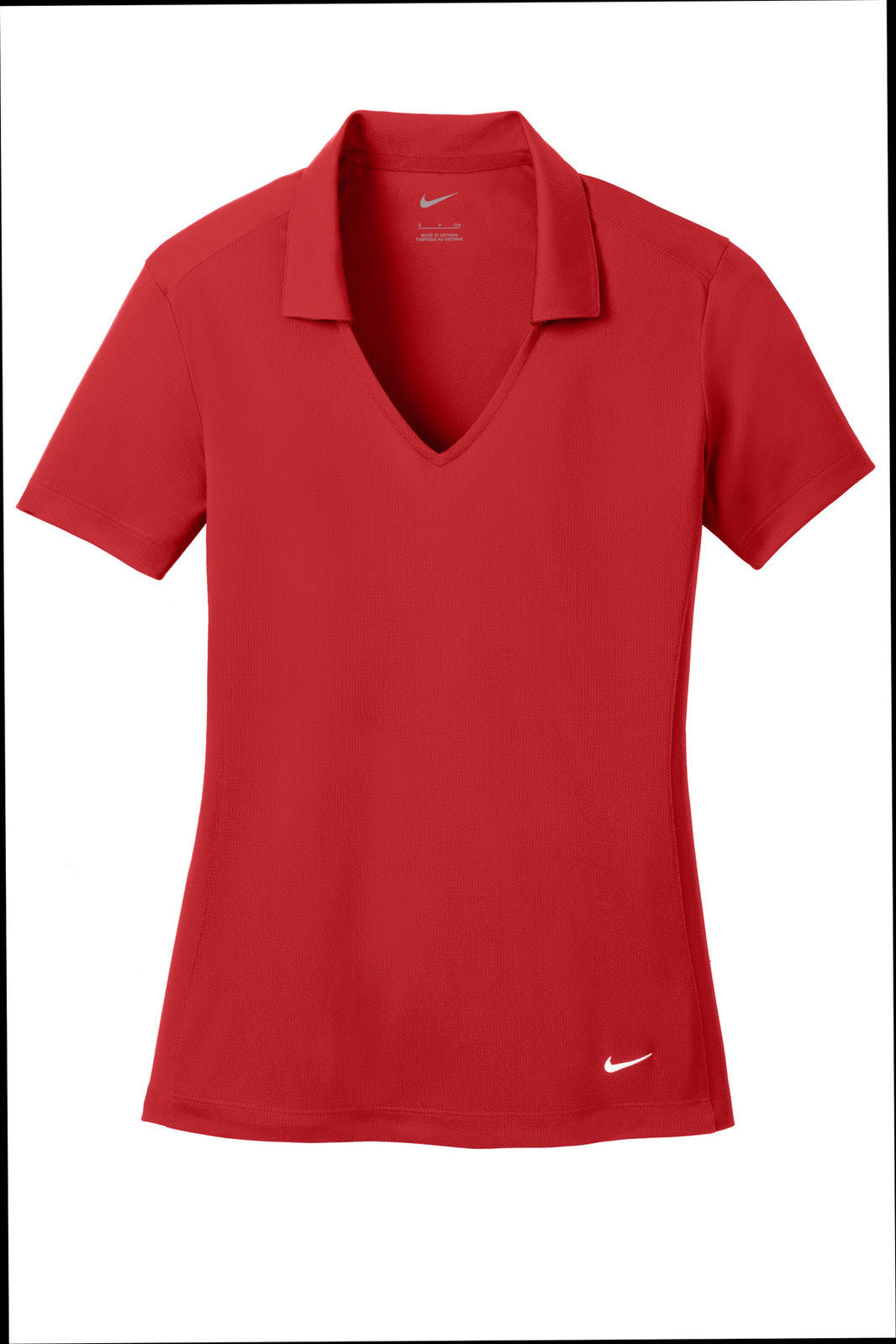 A red Nike ladies Dri-FIT vertical mesh polo shirt with a v-neck and a logo on the front.