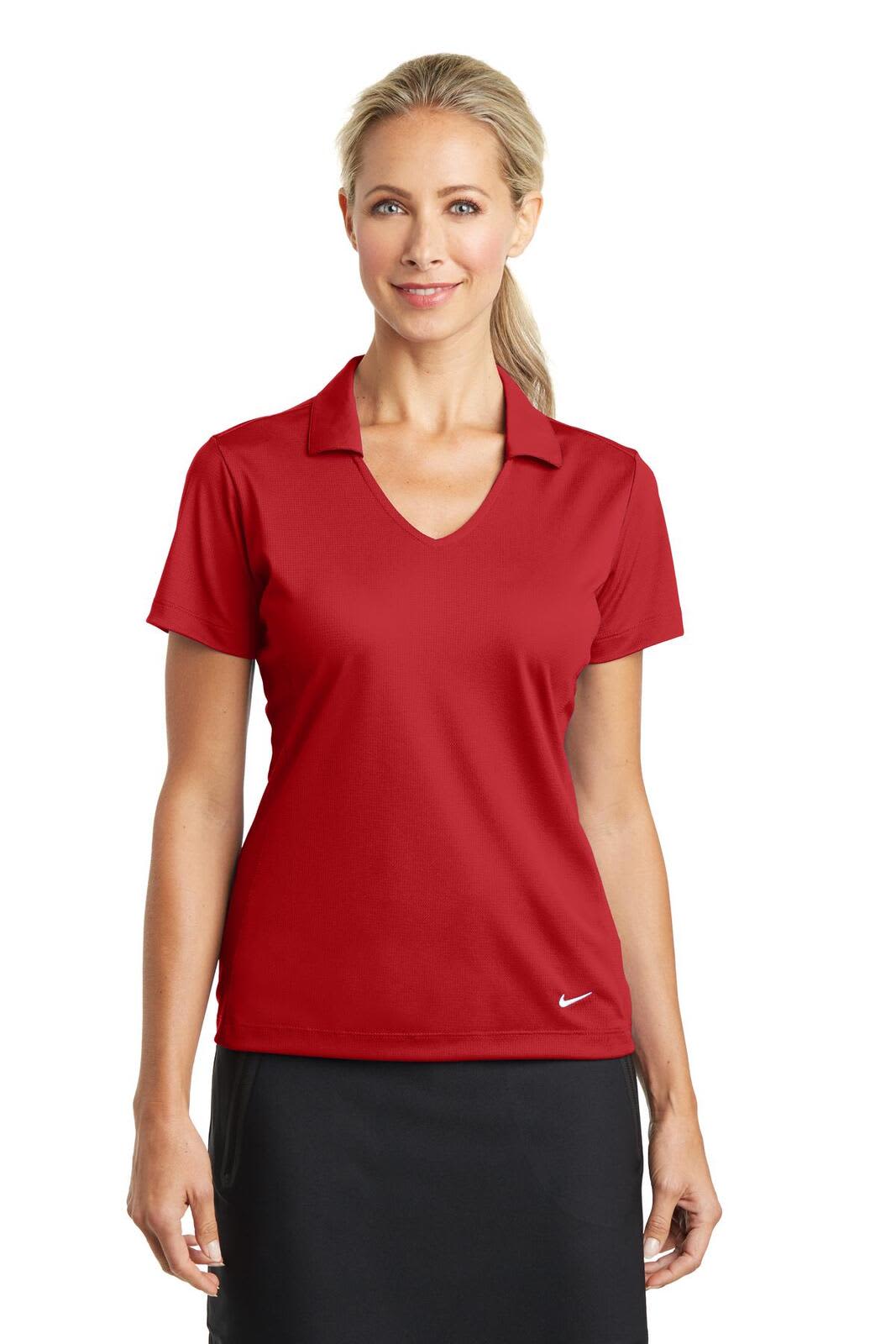 A red Nike Ladies Dri-FIT Vertical Mesh Polo shirt featuring a collared neckline and short sleeves, with a logo at the hem.