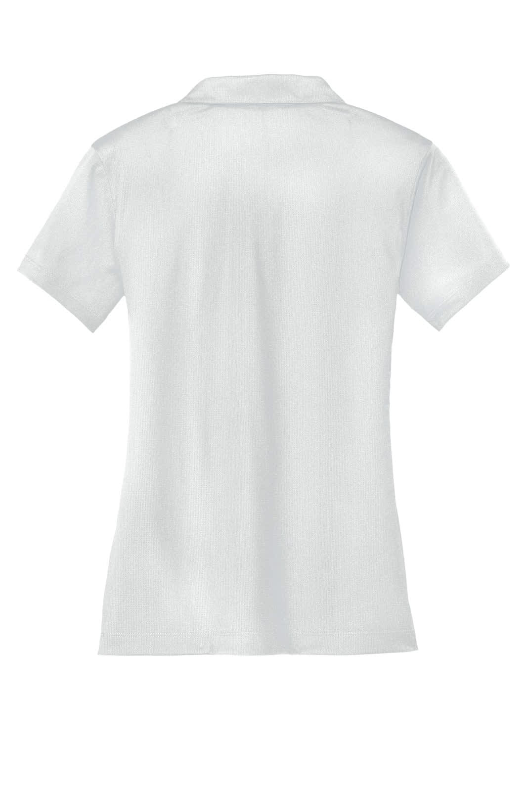 A white Nike ladies' Dri-FIT vertical mesh polo shirt with a collar and short sleeves. It features a logo.