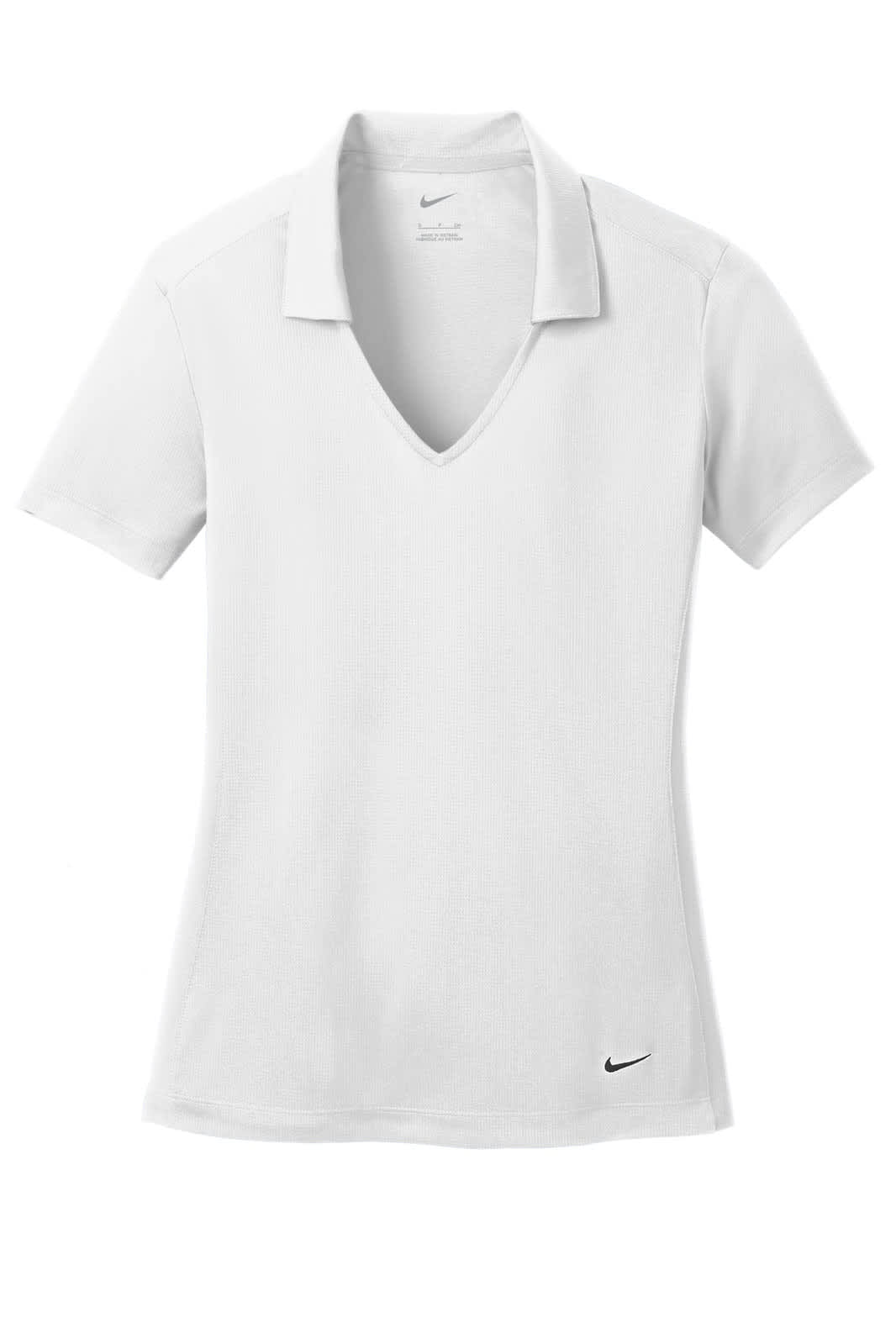 A white Nike Dri-FIT vertical mesh polo shirt with a v-neck and a small logo.