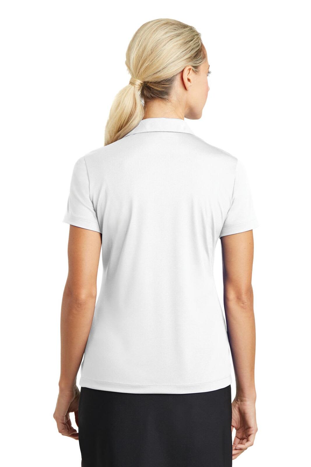 A women's polo shirt in white, featuring a collar and short sleeves, with a logo on the back.