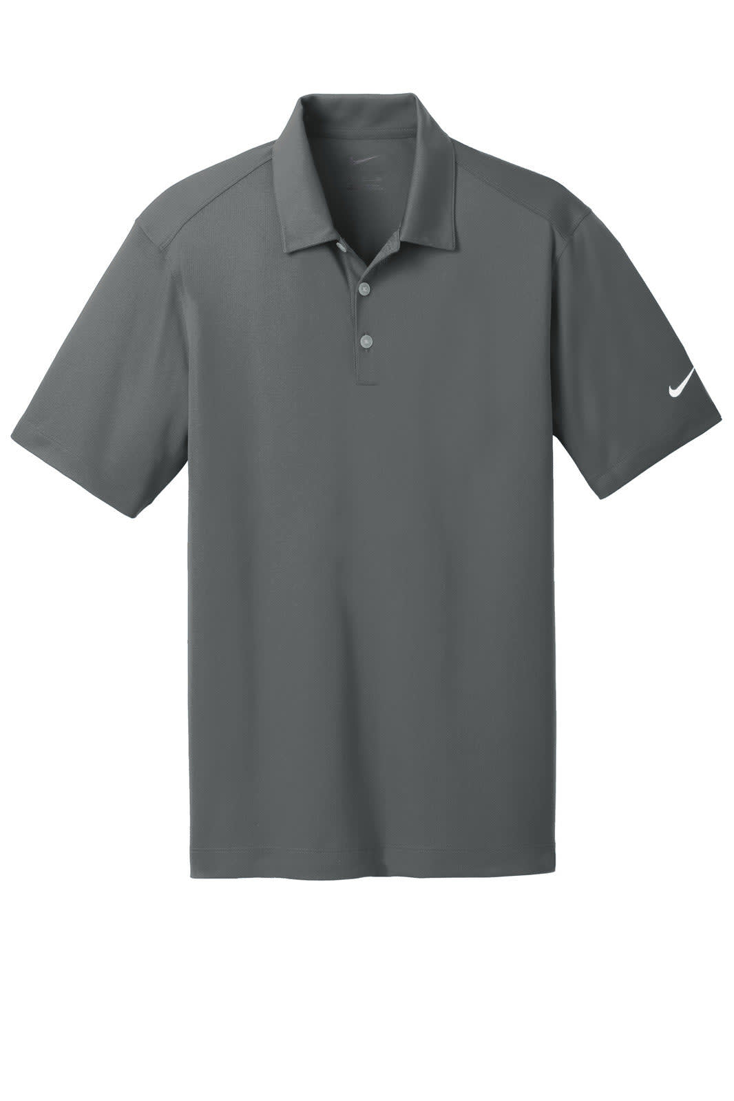 A grey Nike Dri-FIT Vertical Mesh Polo shirt with a collar and button placket, featuring a logo on the sleeve.