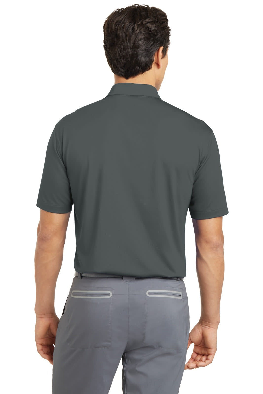 A grey Nike Dri-FIT Vertical Mesh Polo shirt viewed from the back, featuring a collar and short sleeves.