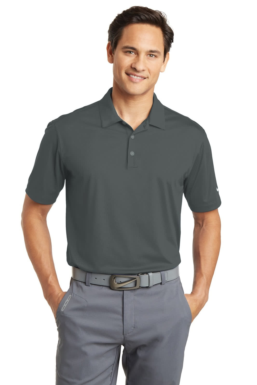 A grey Nike Dri-FIT Vertical Mesh Polo shirt displayed on a model, featuring a logo.
